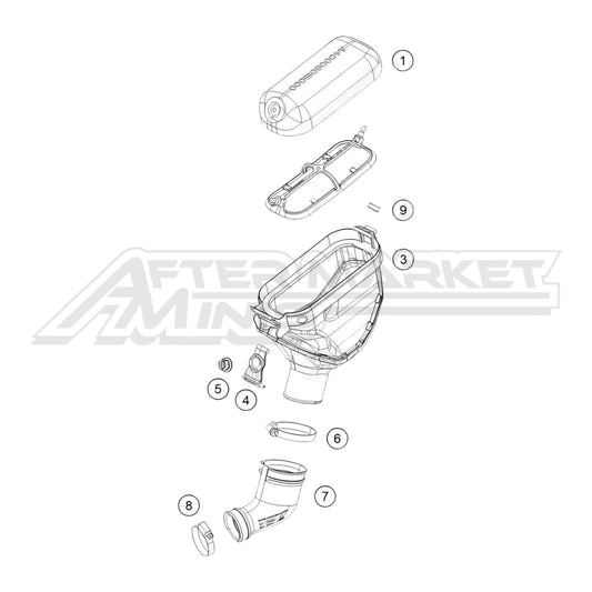 Exploded parts diagram of a 2026 KTM 50 SX air intake box and filter system, with reference numbers for each part to allow for easy ordering.