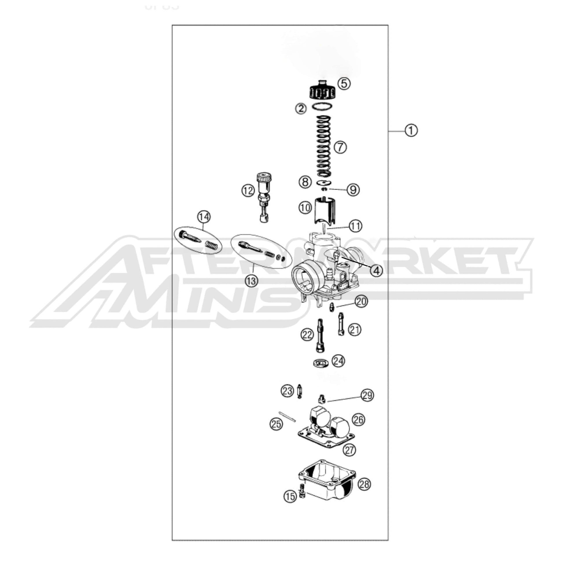 Exploded parts diagram of a 2026 KTM 50 SX carburetor, with reference numbers for each part to allow for easy ordering.
