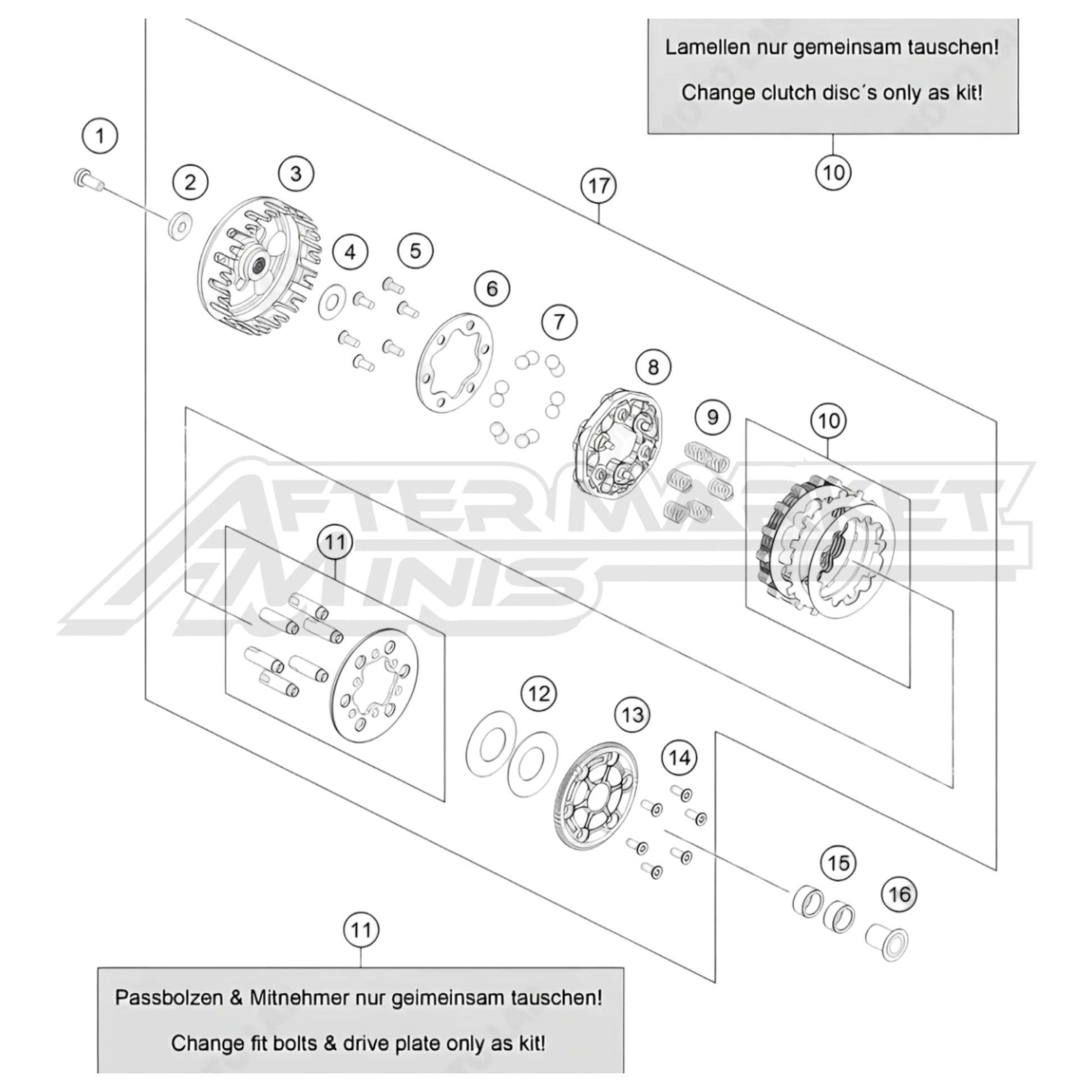 Exploded parts diagram of a 2026 KTM 50 SX clutch, with reference numbers for each part to allow for easy ordering.