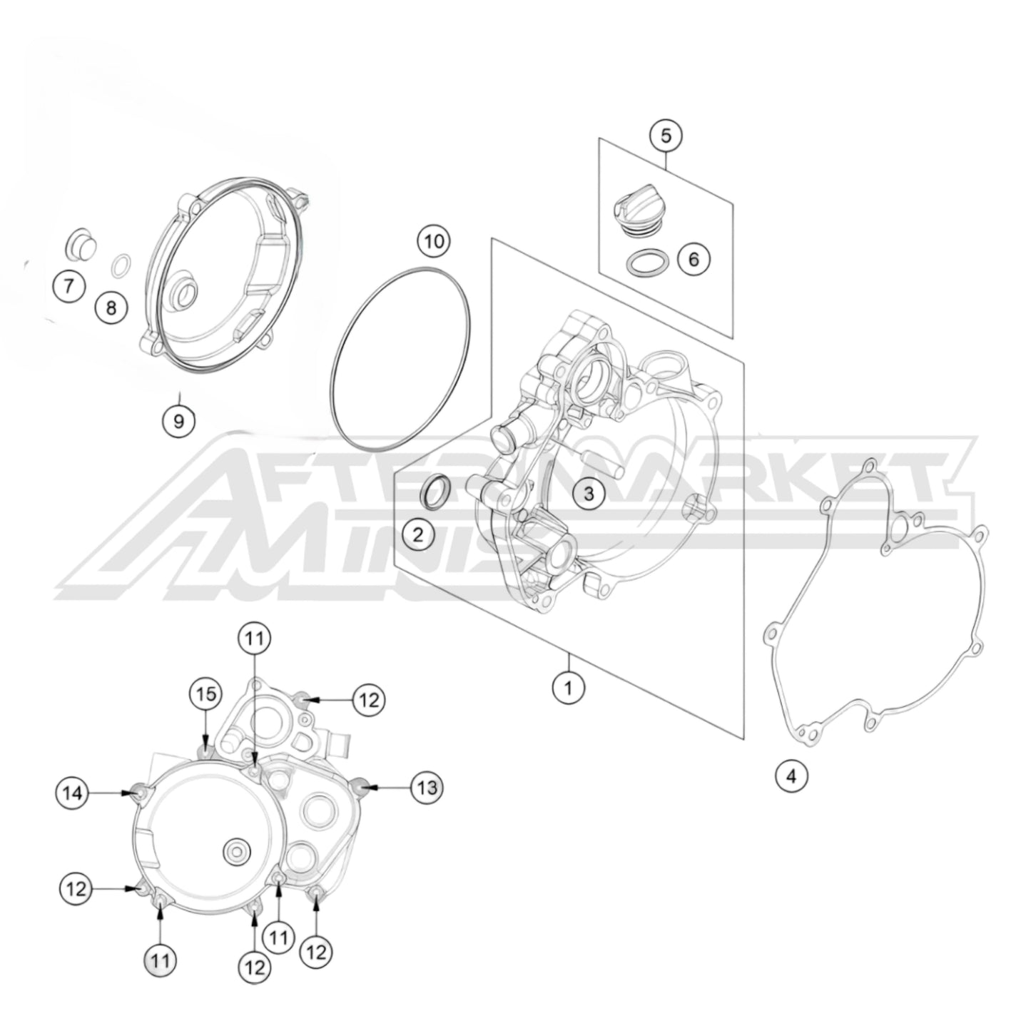 Exploded parts diagram of a 2026 KTM 50 SX clutch cover with reference numbers for each part to allow for easy ordering