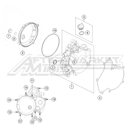 Exploded parts diagram of a 2026 KTM 50 SX clutch cover with reference numbers for each part to allow for easy ordering