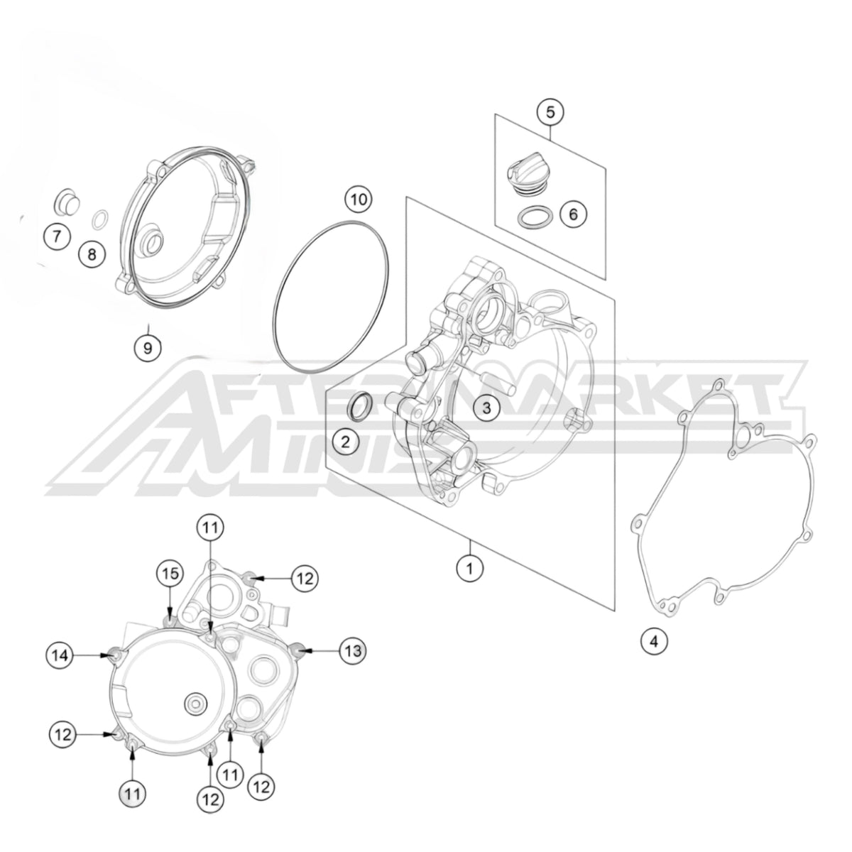 Exploded parts diagram of a 2027 KTM 50 SX clutch cover with reference numbers for each part to allow for easy ordering