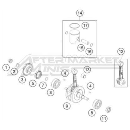 Exploded parts diagram of a 2026 KTM 50 SX crankshaft and piston with reference numbers for each part to allow for easy ordering.