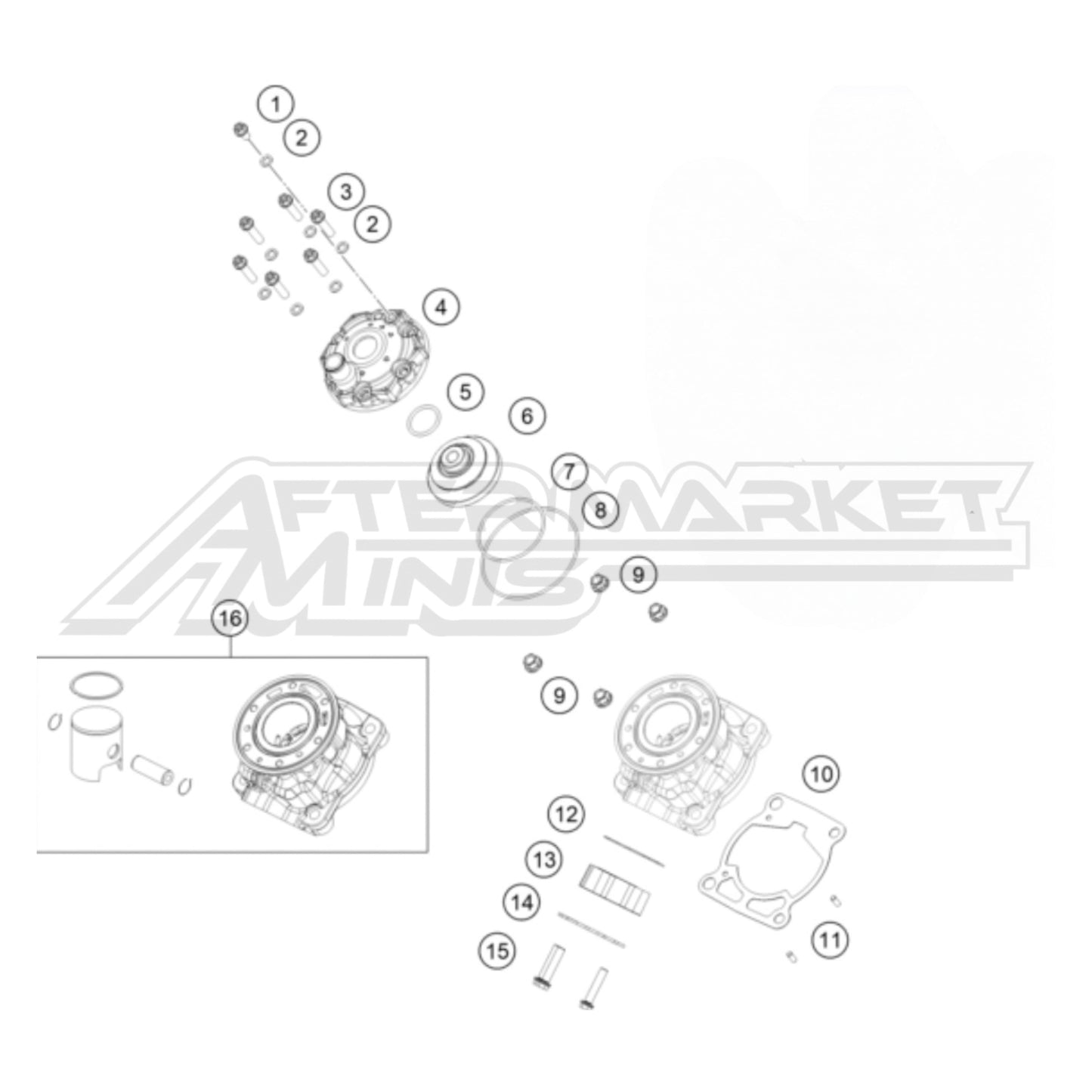 Exploded parts diagram of a 2026 KTM 50 SX cylinder and head with reference numbers for each part to allow for easy ordering.