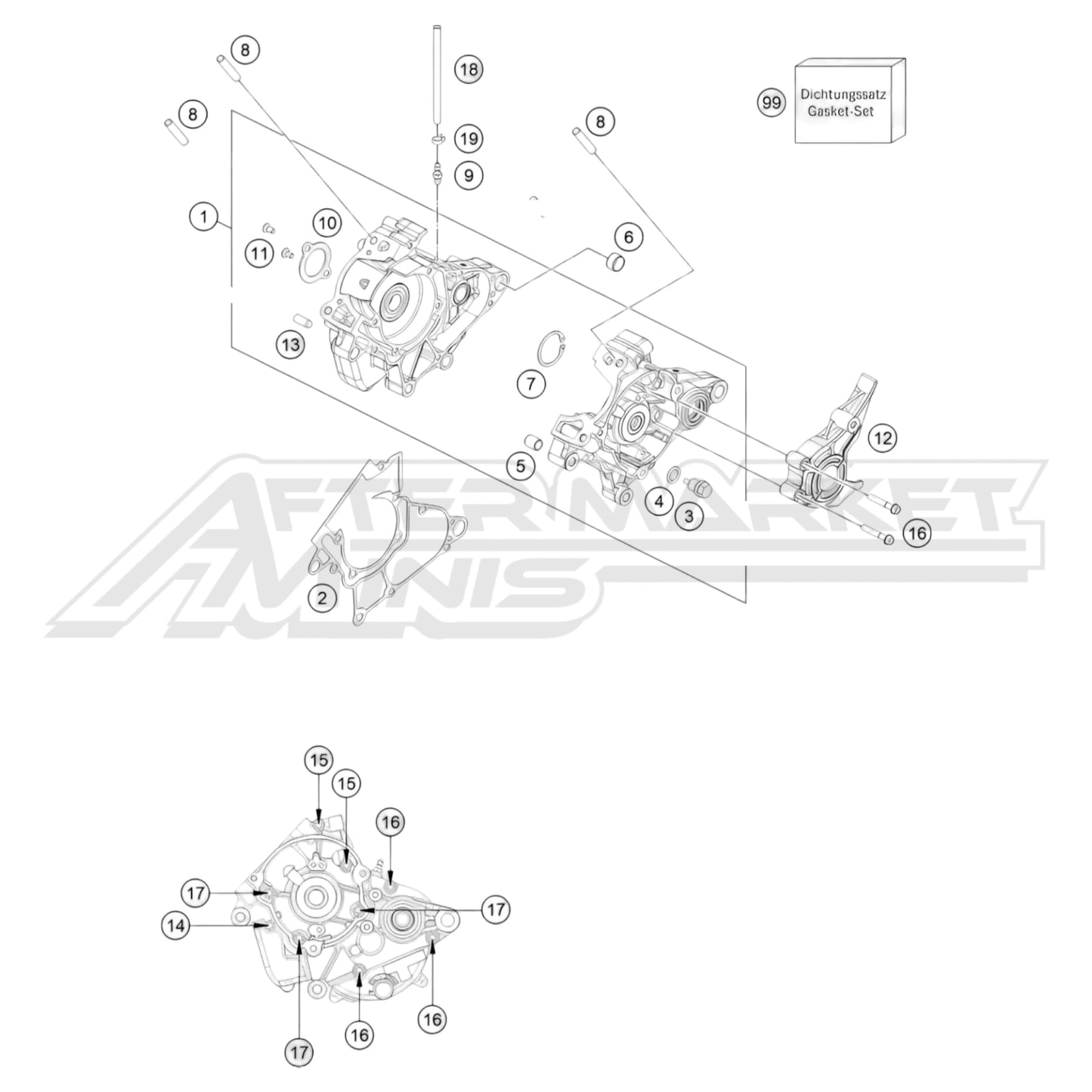 Exploded parts diagram of a 2025 KTM 50 SX engine cases with reference numbers for each part to allow for easy ordering.