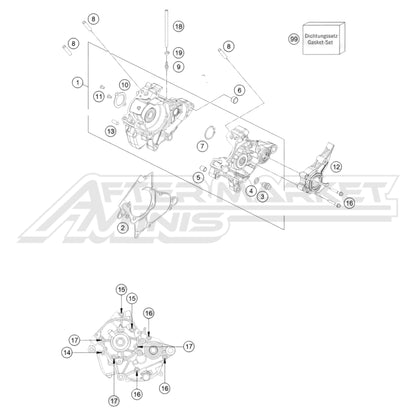 Exploded parts diagram of a 2025 KTM 50 SX engine cases with reference numbers for each part to allow for easy ordering.