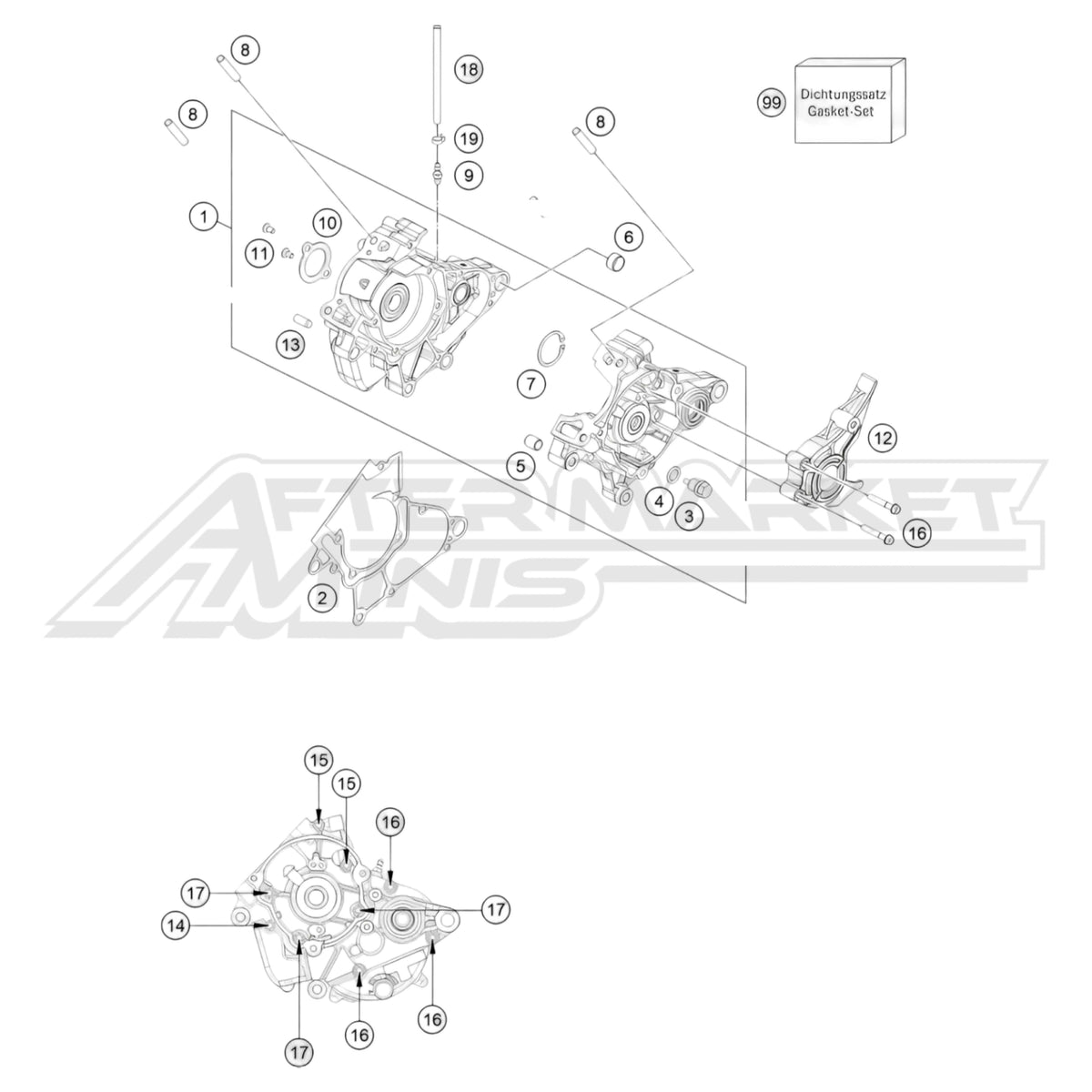 Exploded parts diagram of a 2027 KTM 50 SX engine cases with reference numbers for each part to allow for easy ordering.