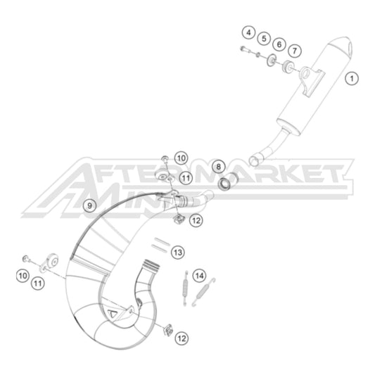 Exploded parts diagram of a 2026 KTM 50 SX exhaust pipe and silencer system with reference numbers for each part to allow for easy ordering.