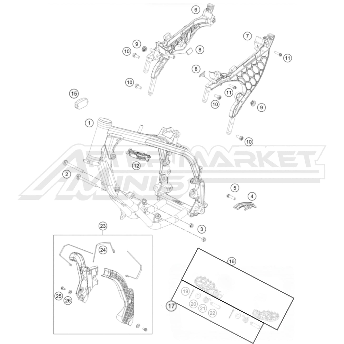 Exploded parts diagram of a 2024 KTM 50 SX frame, with reference numbers for each part to allow for easy ordering.