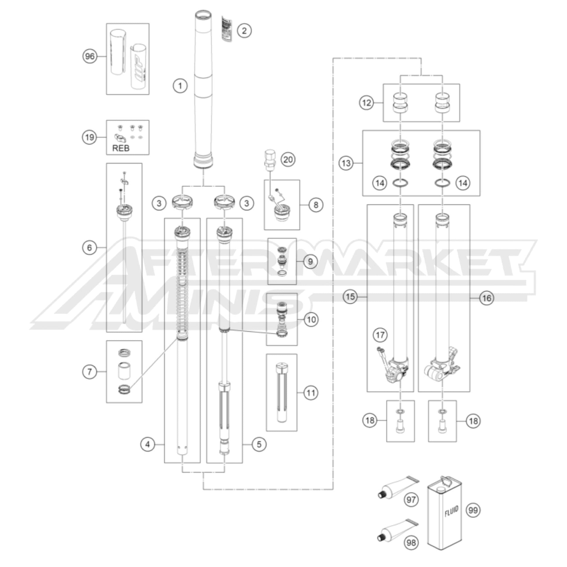Technical diagram of a 2026 KTM 50 SX mechanical assembly with labeled parts on a white background, featuring the Thermacell brand.