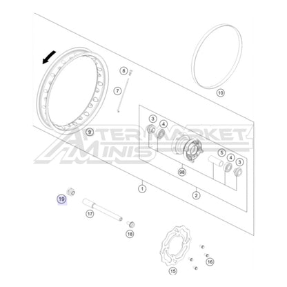 Exploded parts diagram of a 2026 KTM 50 SX front wheel with reference numbers for each part to allow for easy ordering