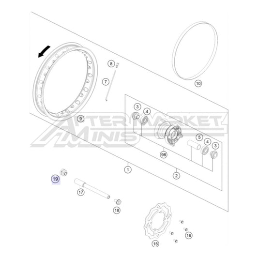 Exploded parts diagram of a 2026 KTM 50 SX front wheel with reference numbers for each part to allow for easy ordering
