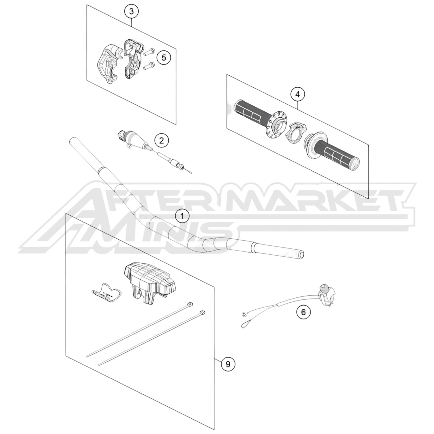 Exploded parts diagram of a 2026 KTM 50 SX handlebar and controls with reference numbers for each part to allow for easy ordering.