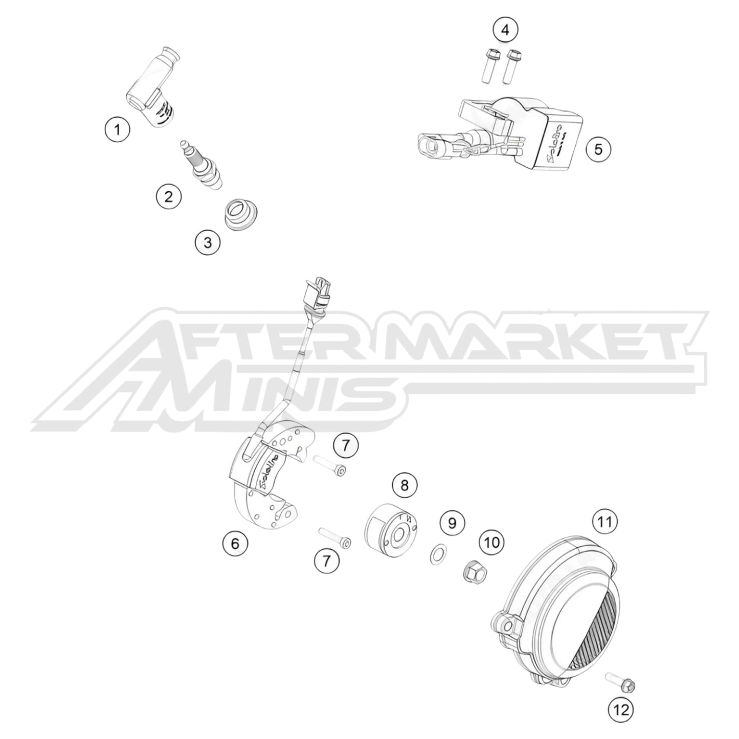 Exploded parts diagram of a 2026 KTM 50 SX ignition system with reference numbers for each part to allow for easy ordering.