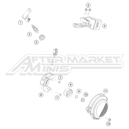 Exploded parts diagram of a 2026 KTM 50 SX ignition system with reference numbers for each part to allow for easy ordering.