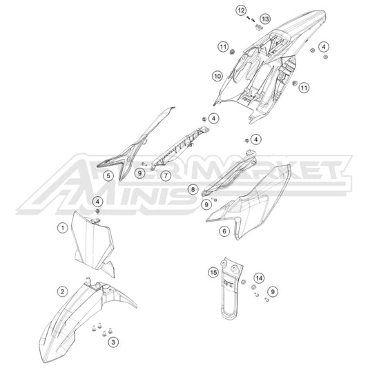 Exploded parts diagram of a 2026 KTM 50 SX fenders and number plate parts with reference numbers for each part to allow for easy ordering.
