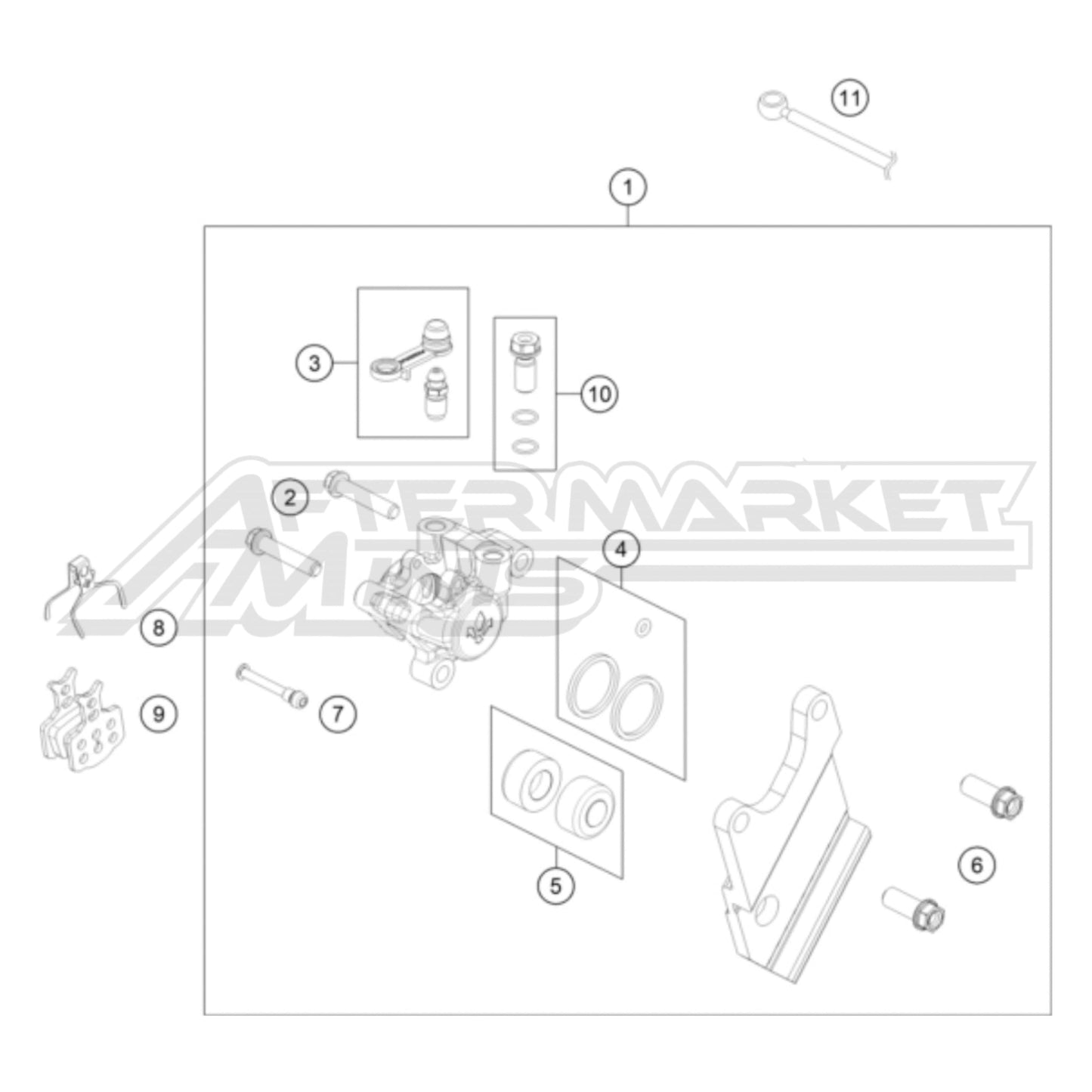 Exploded parts diagram of a 2026 KTM 50 SX rear brake caliper system with reference numbers for each part to allow for easy ordering.