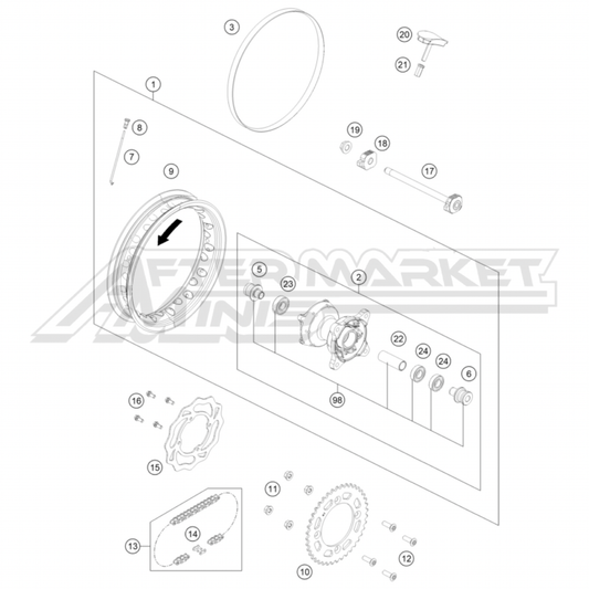 Exploded parts diagram of a 2025 KTM 50 SX rear wheel parts with reference numbers for each part to allow for easy ordering.