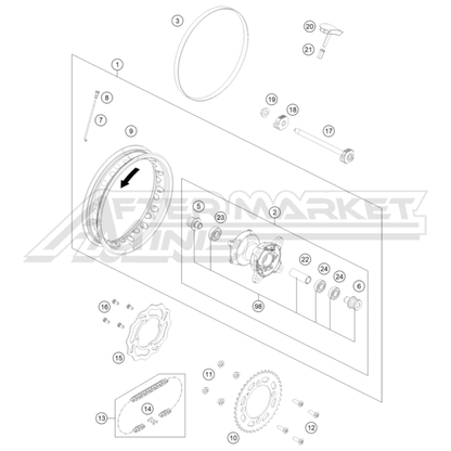 Exploded parts diagram of a 2026 KTM 50 SX rear wheel parts with reference numbers for each part to allow for easy ordering.