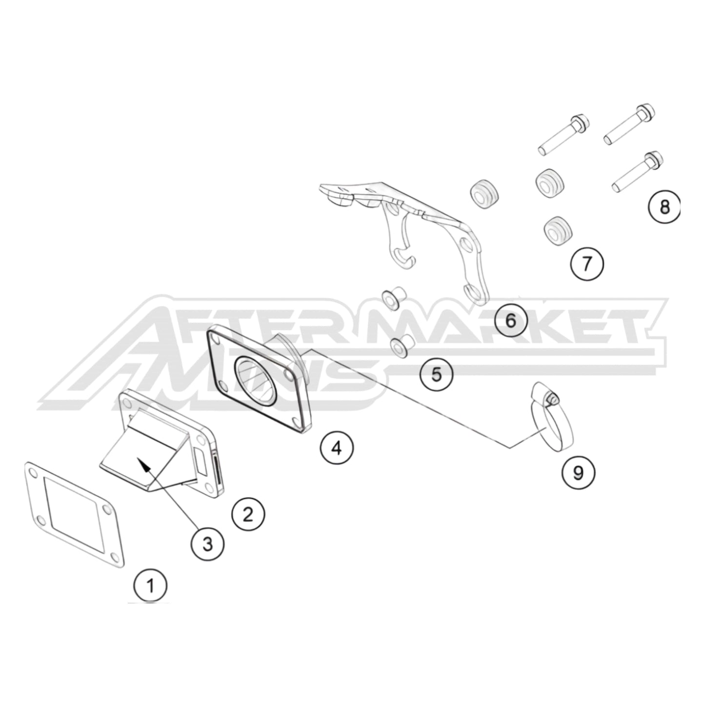 Exploded parts diagram of a 2026 KTM 50 SX intake and reed valve assembly with reference numbers for each part to allow for easy ordering.