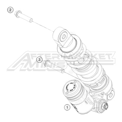Exploded parts diagram of a 2026 KTM 50 SX rear shock absorber with reference numbers for each part to allow for easy ordering.