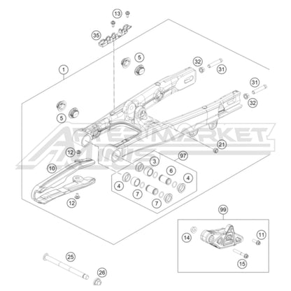 Exploded parts diagram of a 2026 KTM 50 SX swingarm with reference numbers for each part to allow for easy ordering.