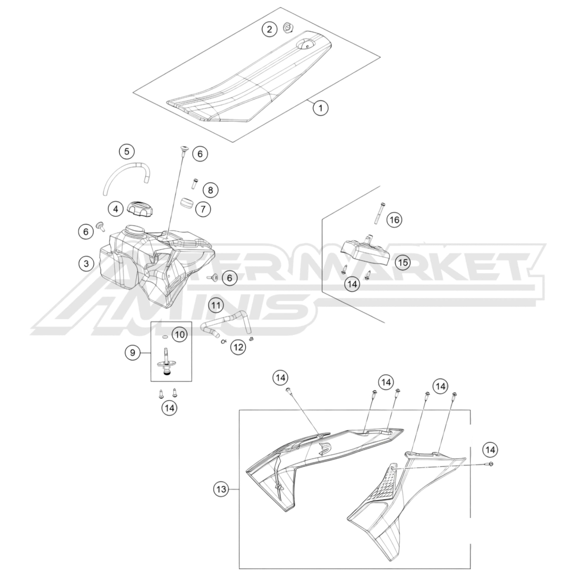 Exploded parts diagram of a 2026 KTM 50 SX gas tank seat and radiator shrouds with reference numbers for each part to allow for easy ordering.