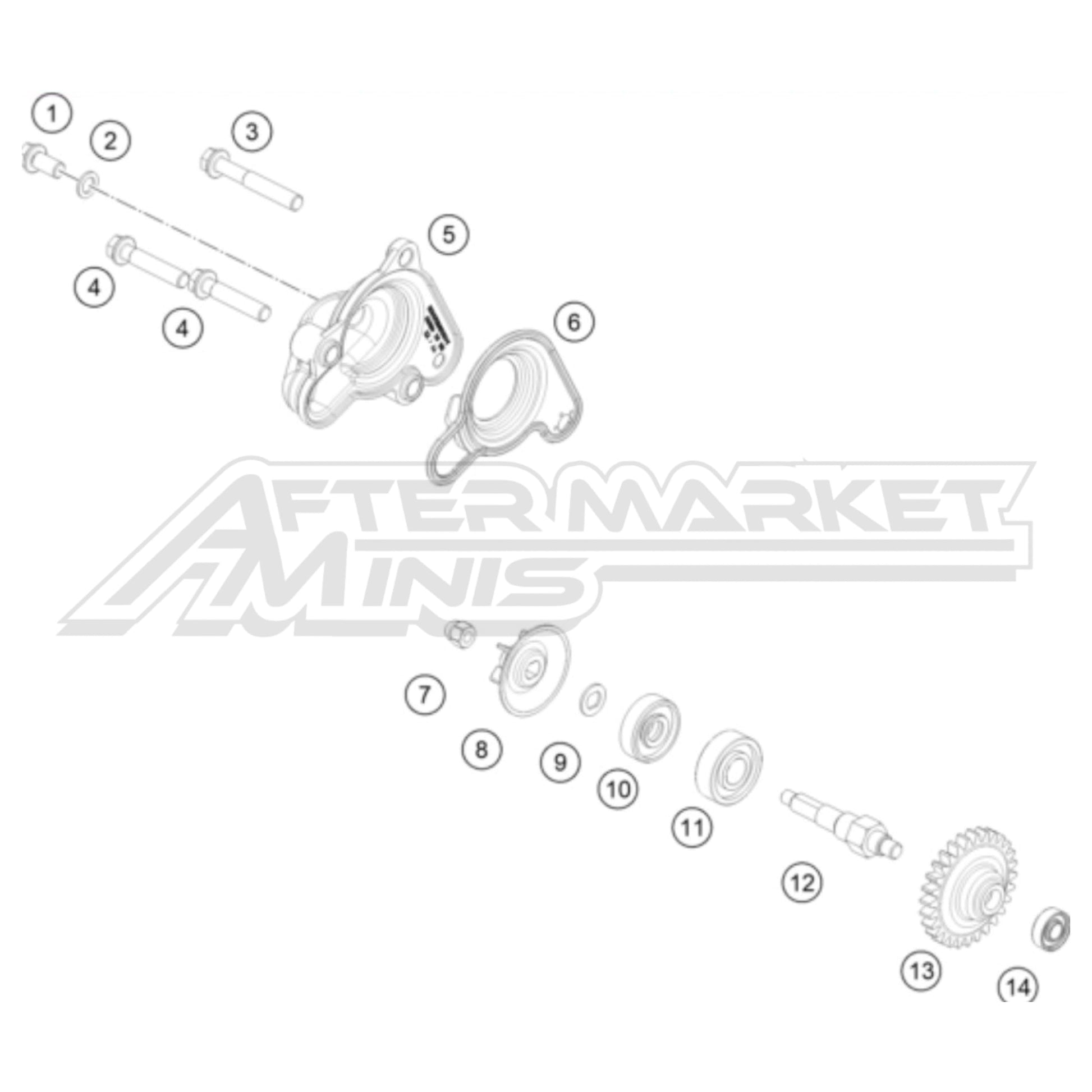 Exploded parts diagram of a 2026 KTM 50 SX water pump system with reference numbers for each part to allow for easy ordering.